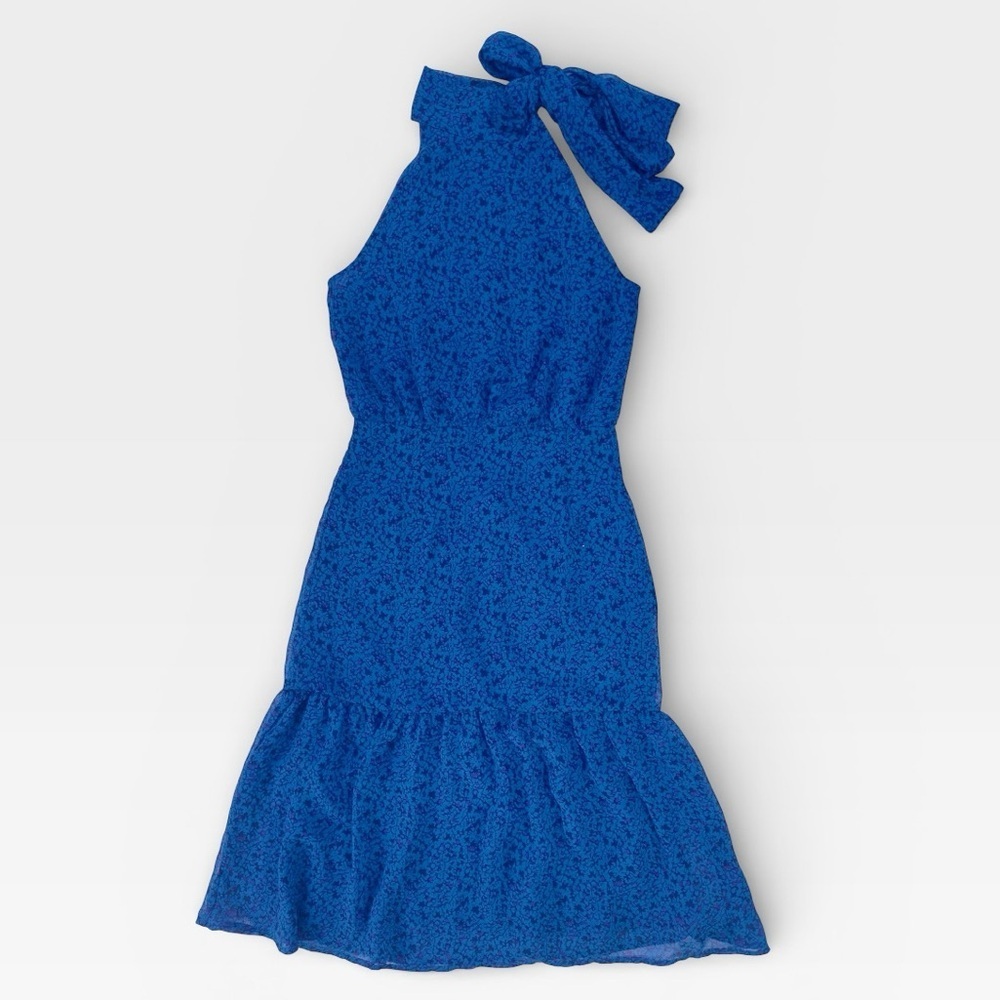 Fab’rik Blue Floral Halter Midi Dress with Bow Detail SMALL